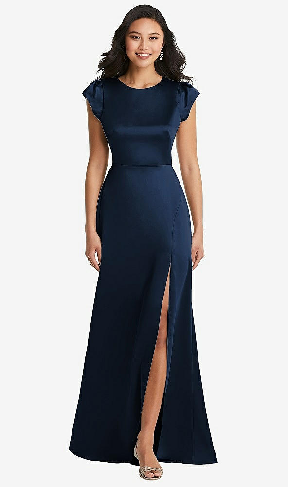 Front View - Midnight Navy Shirred Cap Sleeve Maxi Dress with Keyhole Cutout Back