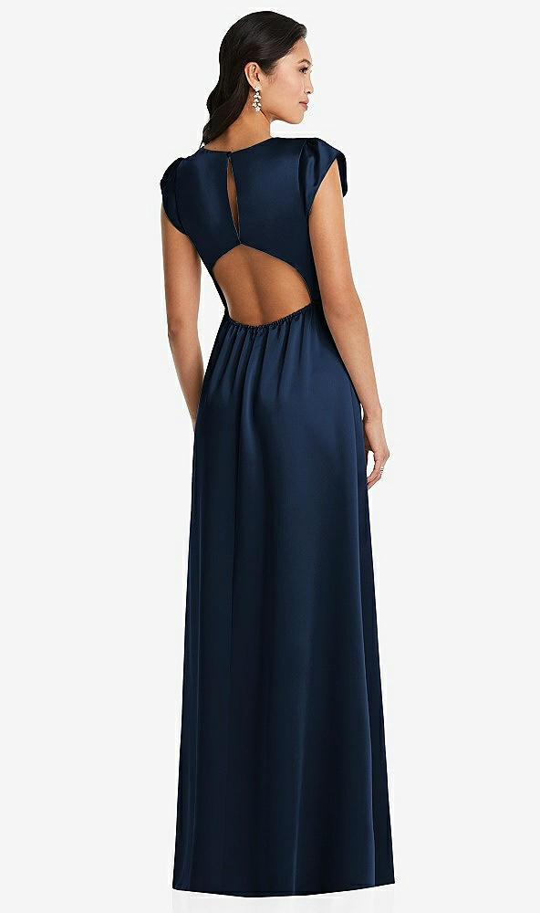 Back View - Midnight Navy Shirred Cap Sleeve Maxi Dress with Keyhole Cutout Back