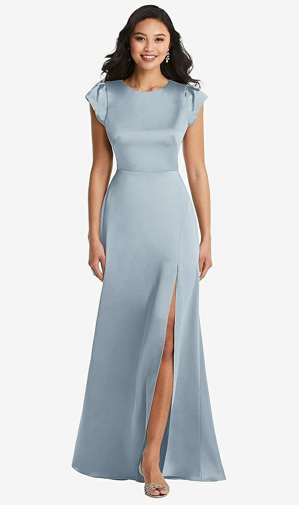 Front View - Mist Shirred Cap Sleeve Maxi Dress with Keyhole Cutout Back
