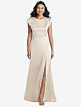 Front View Thumbnail - Oat Shirred Cap Sleeve Maxi Dress with Keyhole Cutout Back