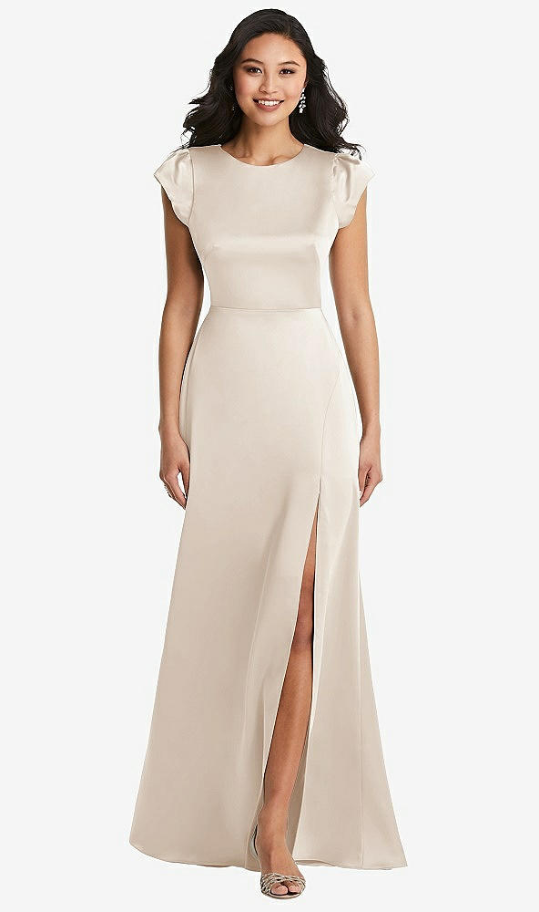 Front View - Oat Shirred Cap Sleeve Maxi Dress with Keyhole Cutout Back