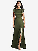 Front View Thumbnail - Olive Green Shirred Cap Sleeve Maxi Dress with Keyhole Cutout Back