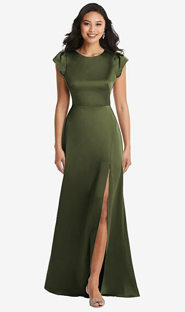 Front View - Olive Green Shirred Cap Sleeve Maxi Dress with Keyhole Cutout Back