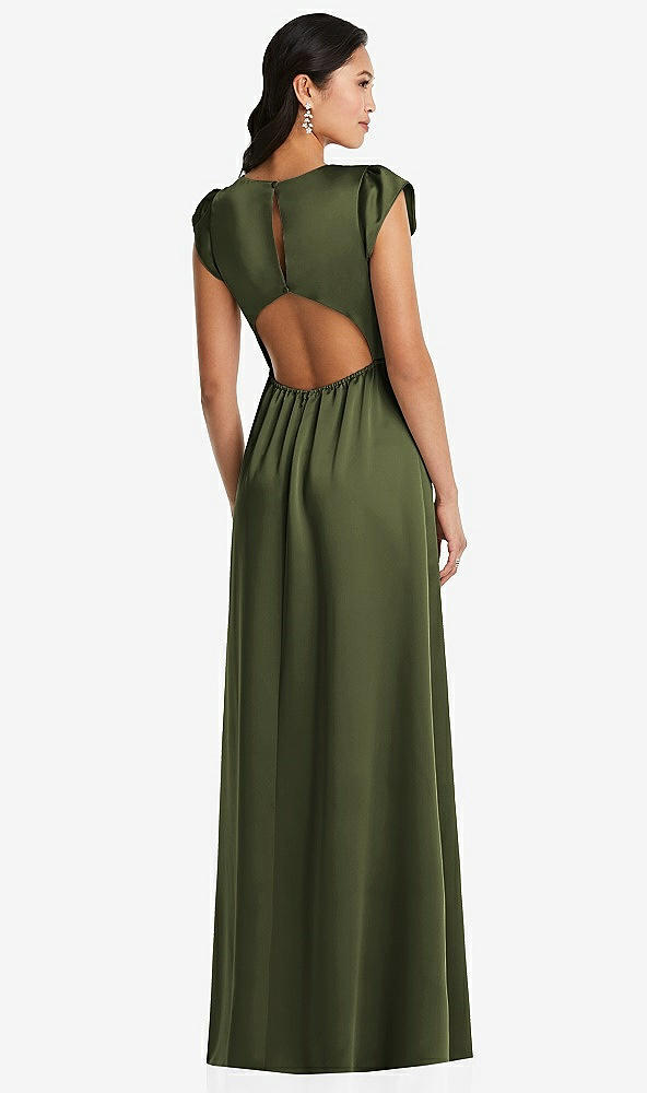 Back View - Olive Green Shirred Cap Sleeve Maxi Dress with Keyhole Cutout Back