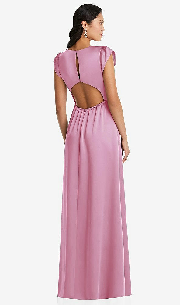 Back View - Powder Pink Shirred Cap Sleeve Maxi Dress with Keyhole Cutout Back