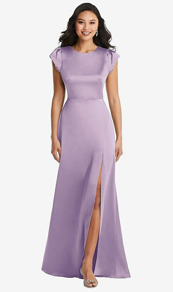 Front View - Pale Purple Shirred Cap Sleeve Maxi Dress with Keyhole Cutout Back