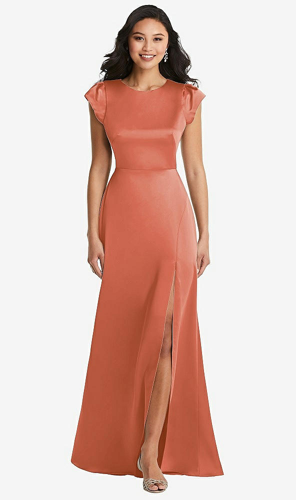 Front View - Terracotta Copper Shirred Cap Sleeve Maxi Dress with Keyhole Cutout Back
