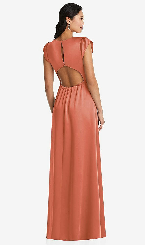 Back View - Terracotta Copper Shirred Cap Sleeve Maxi Dress with Keyhole Cutout Back
