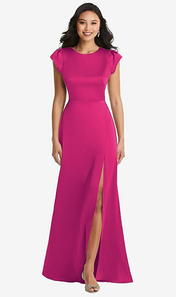 Front View - Think Pink Shirred Cap Sleeve Maxi Dress with Keyhole Cutout Back