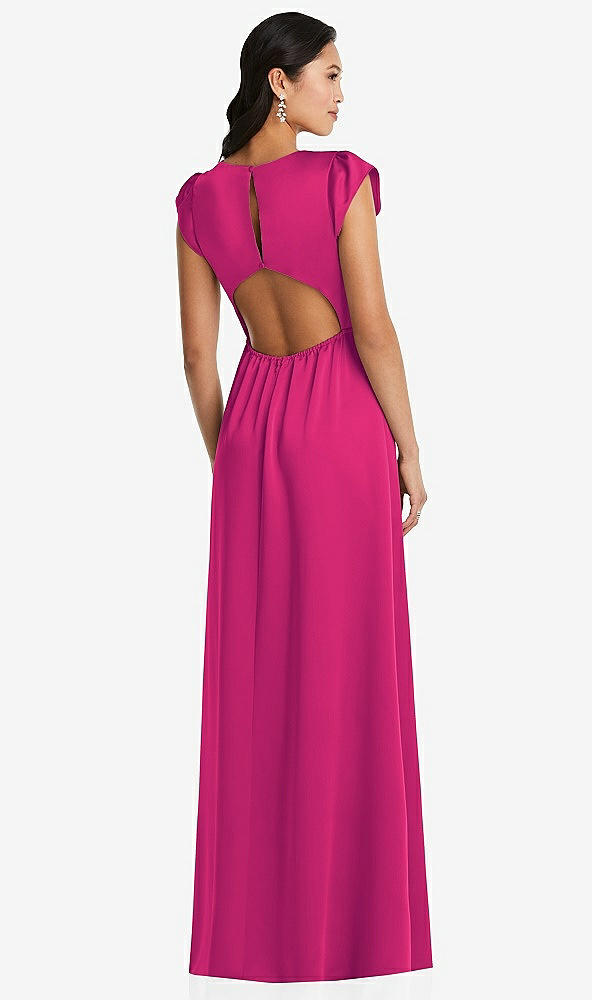 Back View - Think Pink Shirred Cap Sleeve Maxi Dress with Keyhole Cutout Back