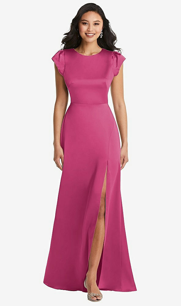 Front View - Tea Rose Shirred Cap Sleeve Maxi Dress with Keyhole Cutout Back
