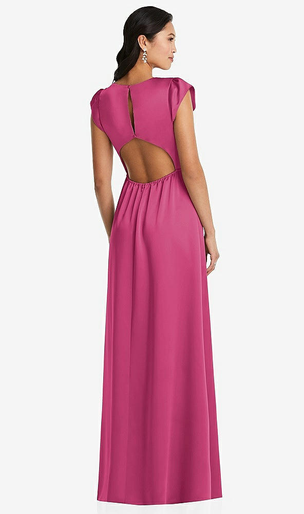 Back View - Tea Rose Shirred Cap Sleeve Maxi Dress with Keyhole Cutout Back