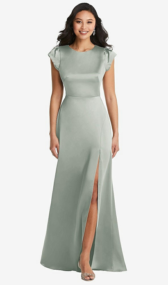 Front View - Willow Green Shirred Cap Sleeve Maxi Dress with Keyhole Cutout Back