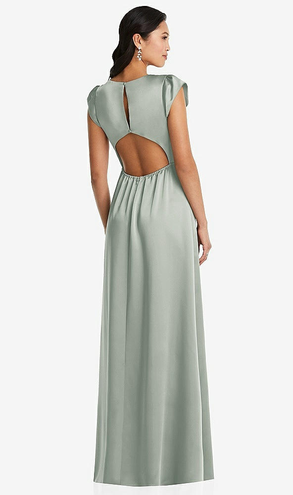 Back View - Willow Green Shirred Cap Sleeve Maxi Dress with Keyhole Cutout Back