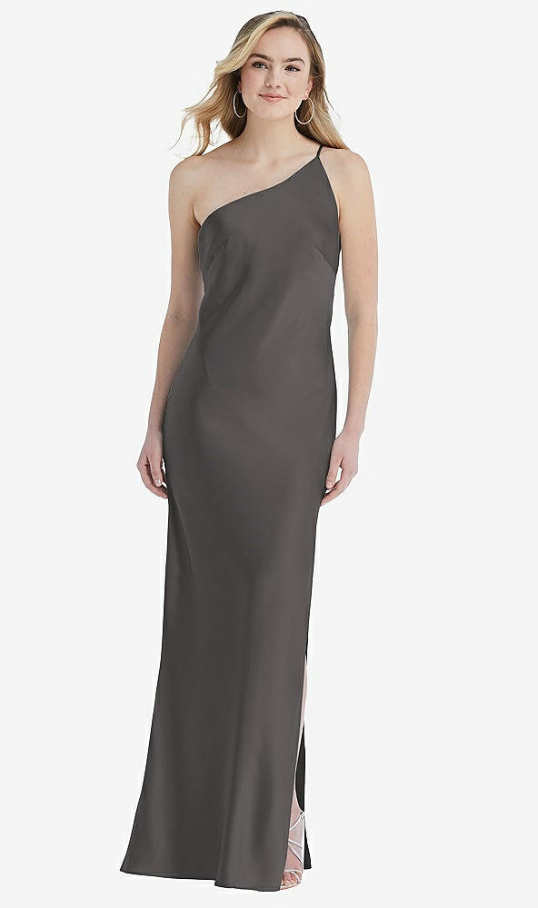 Front View - Caviar Gray One-Shoulder Asymmetrical Maxi Slip Dress
