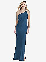Front View Thumbnail - Dusk Blue One-Shoulder Asymmetrical Maxi Slip Dress