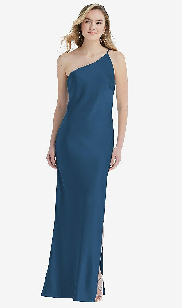 Front View - Dusk Blue One-Shoulder Asymmetrical Maxi Slip Dress