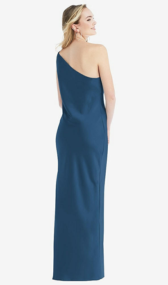 Back View - Dusk Blue One-Shoulder Asymmetrical Maxi Slip Dress