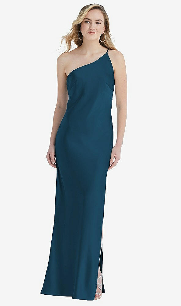 Front View - Atlantic Blue One-Shoulder Asymmetrical Maxi Slip Dress