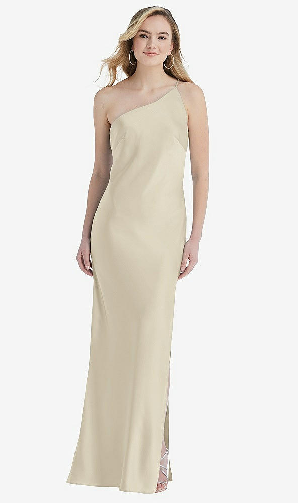 Front View - Champagne One-Shoulder Asymmetrical Maxi Slip Dress
