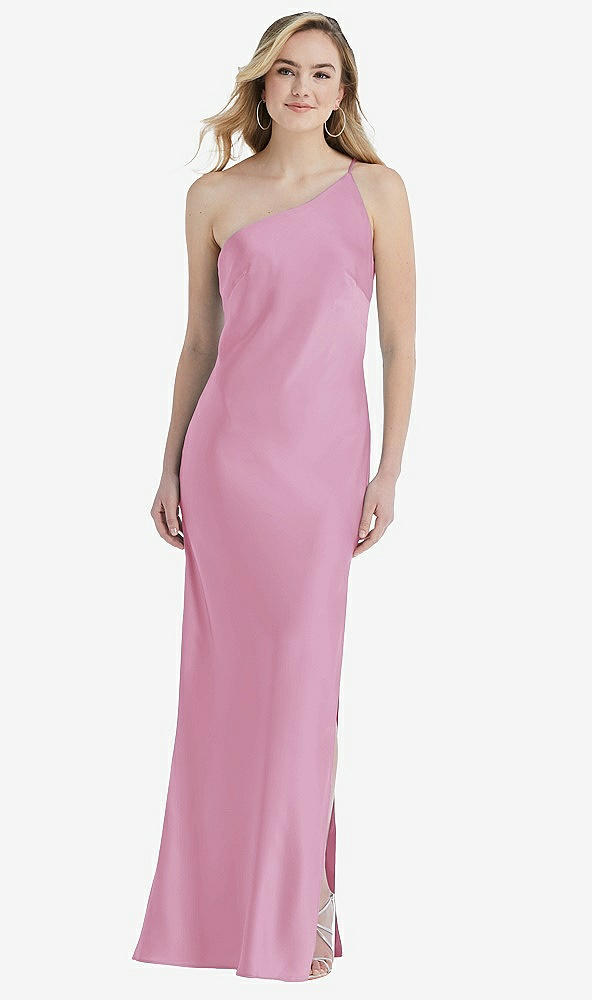 Front View - Powder Pink One-Shoulder Asymmetrical Maxi Slip Dress