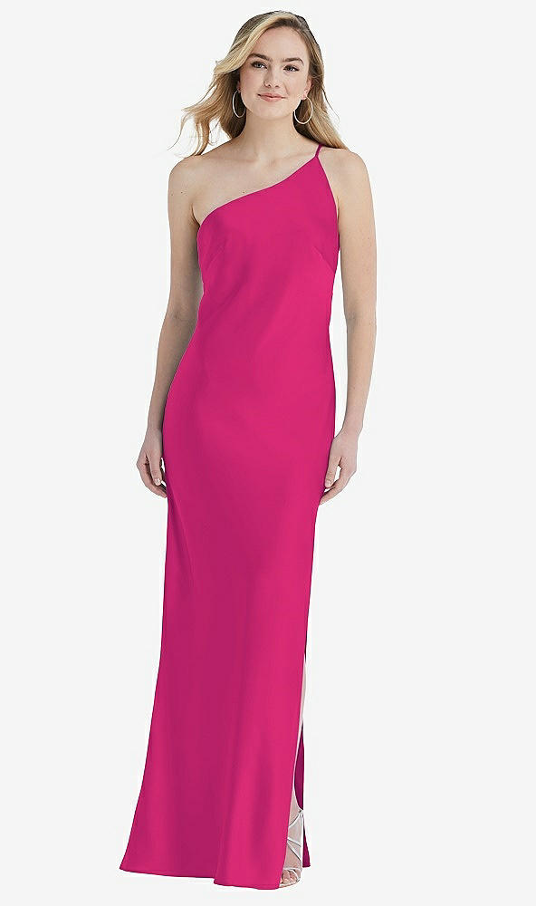 Front View - Think Pink One-Shoulder Asymmetrical Maxi Slip Dress