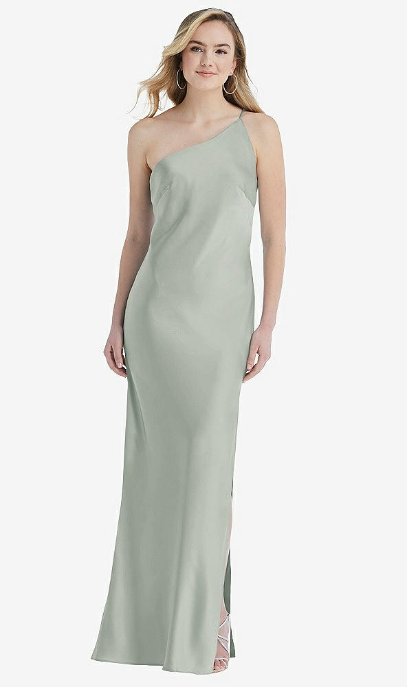 Front View - Willow Green One-Shoulder Asymmetrical Maxi Slip Dress