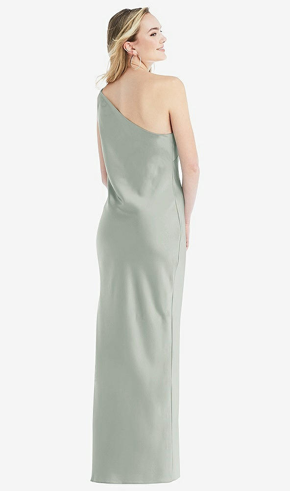 Back View - Willow Green One-Shoulder Asymmetrical Maxi Slip Dress