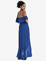 Rear View Thumbnail - Classic Blue Off-the-Shoulder Ruffled High Low Maxi Dress