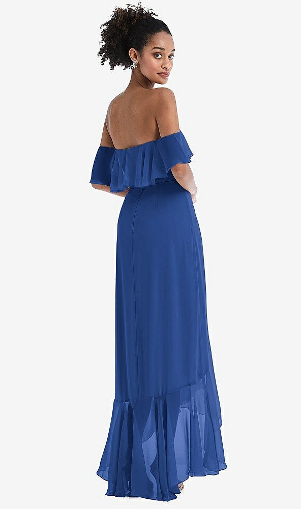 Back View - Classic Blue Off-the-Shoulder Ruffled High Low Maxi Dress