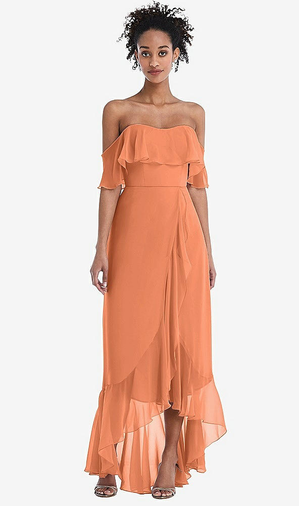 Front View - Sweet Melon Off-the-Shoulder Ruffled High Low Maxi Dress