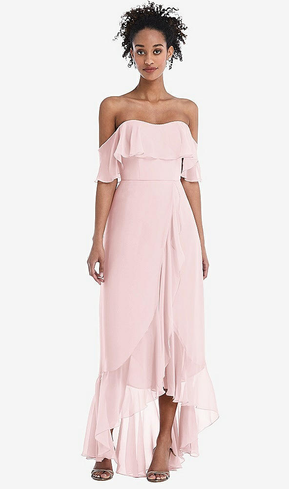 Front View - Ballet Pink Off-the-Shoulder Ruffled High Low Maxi Dress