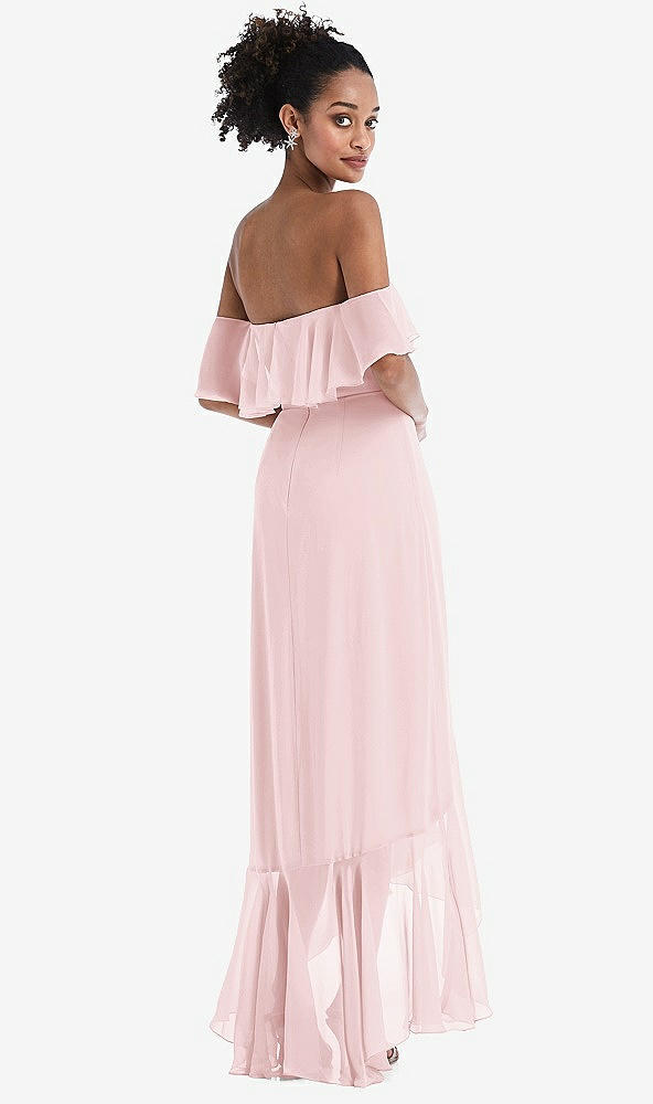 Back View - Ballet Pink Off-the-Shoulder Ruffled High Low Maxi Dress