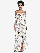 Front View Thumbnail - Butterfly Botanica Ivory Off-the-Shoulder Ruffled High Low Maxi Dress