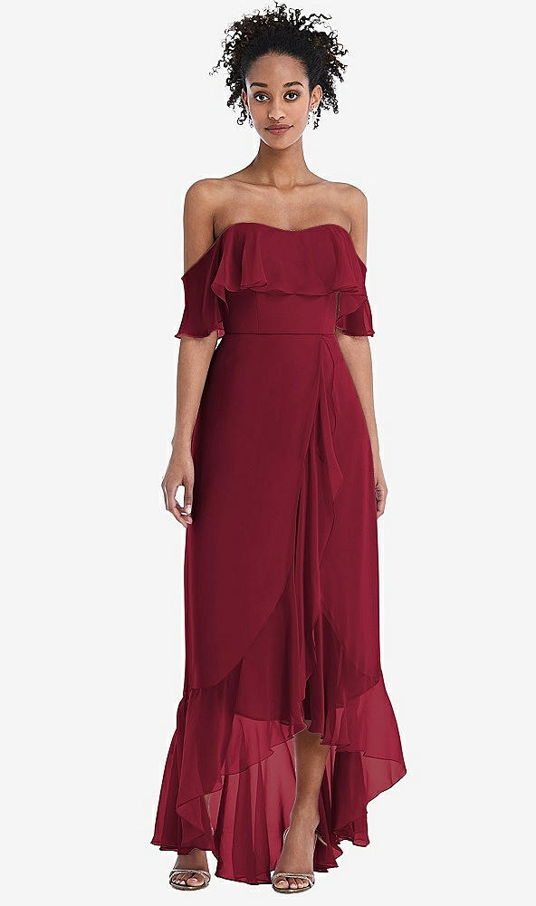 Front View - Burgundy Off-the-Shoulder Ruffled High Low Maxi Dress