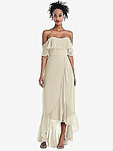 Front View Thumbnail - Champagne Off-the-Shoulder Ruffled High Low Maxi Dress