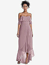 Front View Thumbnail - Dusty Rose Off-the-Shoulder Ruffled High Low Maxi Dress