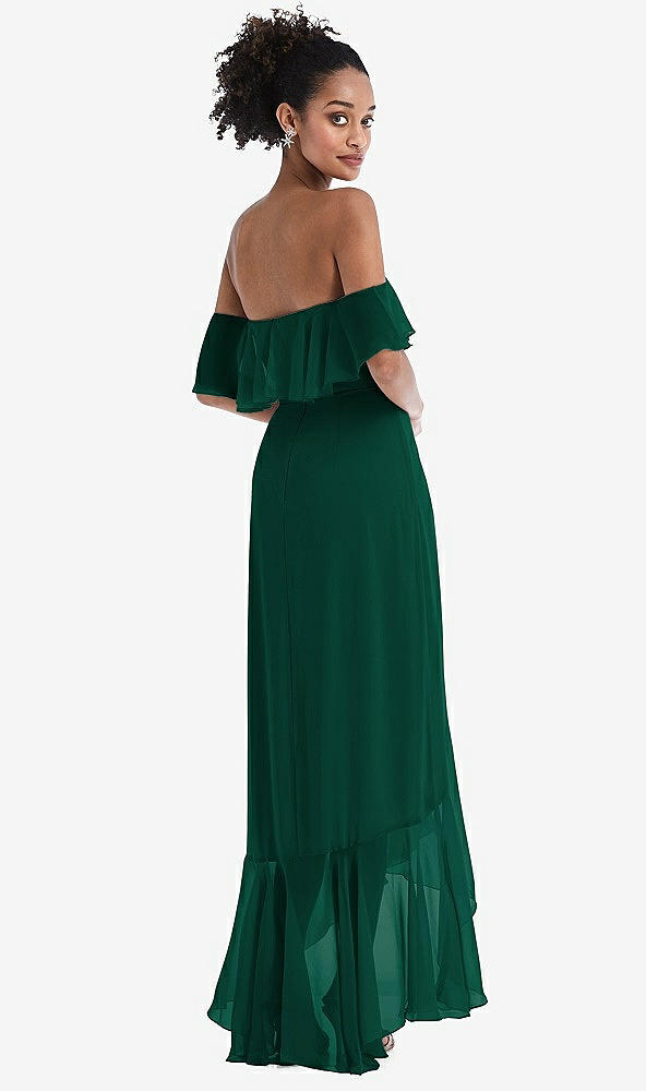 Back View - Hunter Green Off-the-Shoulder Ruffled High Low Maxi Dress