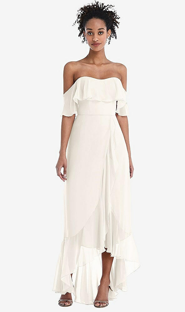 Front View - Ivory Off-the-Shoulder Ruffled High Low Maxi Dress