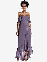 Front View Thumbnail - Lavender Off-the-Shoulder Ruffled High Low Maxi Dress