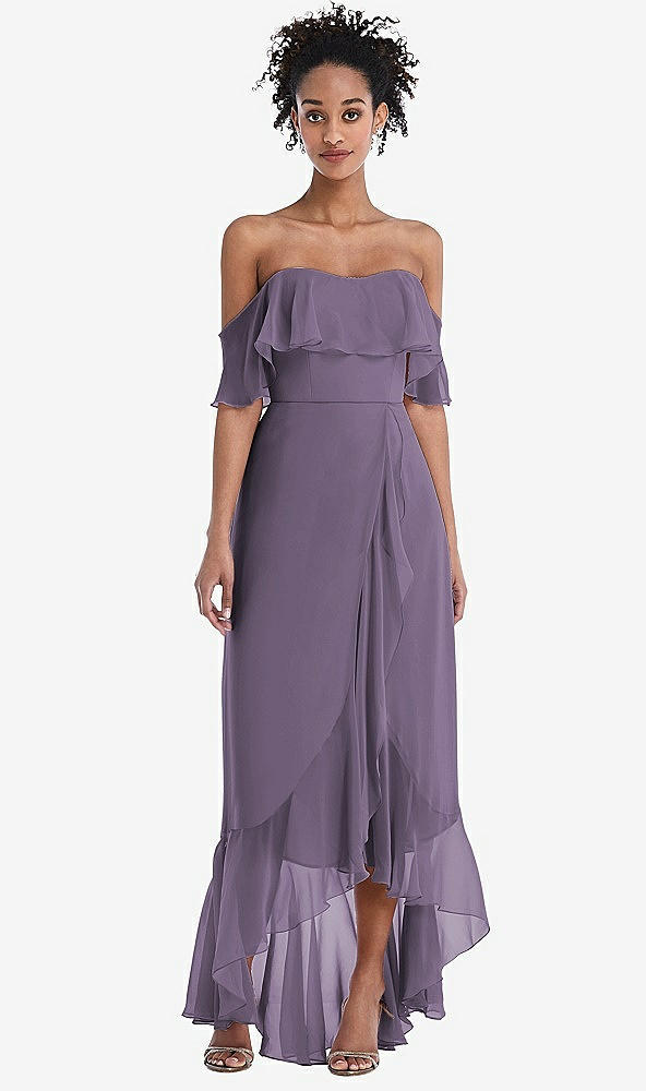 Front View - Lavender Off-the-Shoulder Ruffled High Low Maxi Dress
