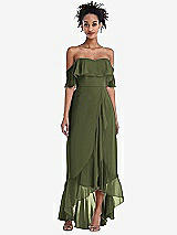 Front View Thumbnail - Olive Green Off-the-Shoulder Ruffled High Low Maxi Dress
