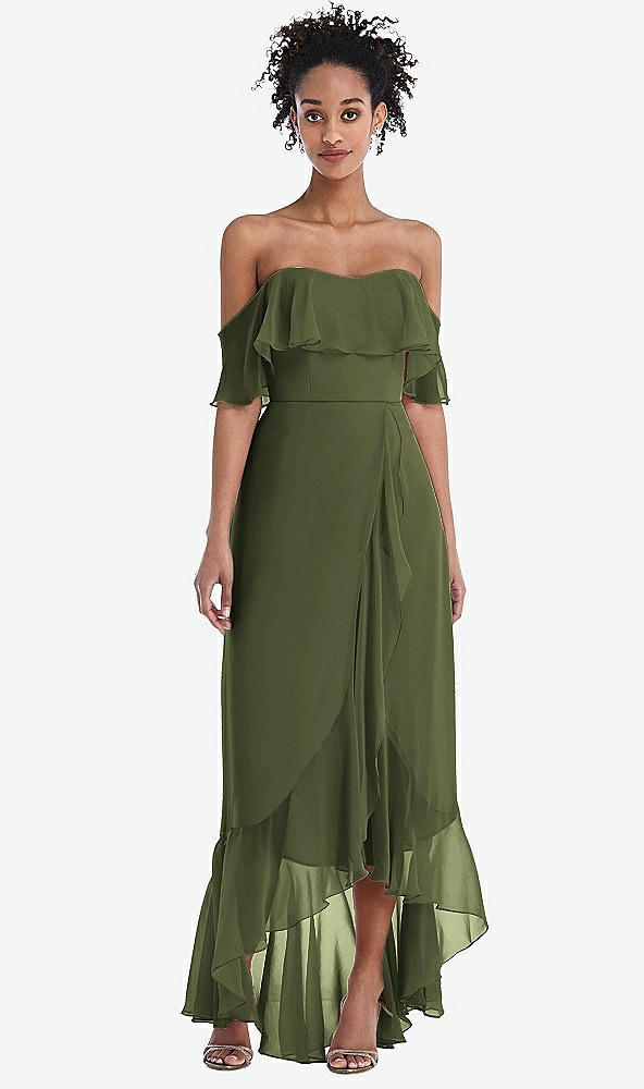 Front View - Olive Green Off-the-Shoulder Ruffled High Low Maxi Dress