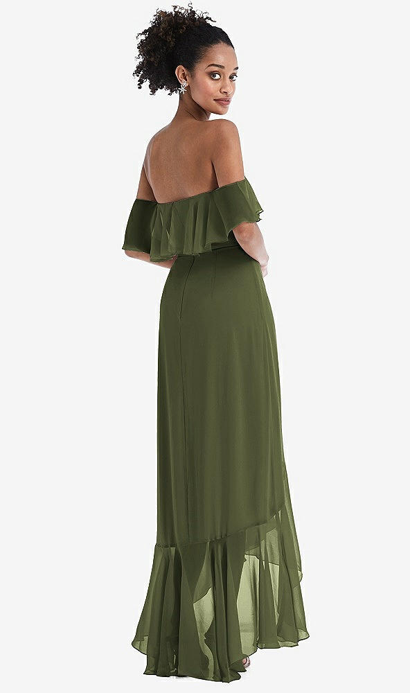 Back View - Olive Green Off-the-Shoulder Ruffled High Low Maxi Dress