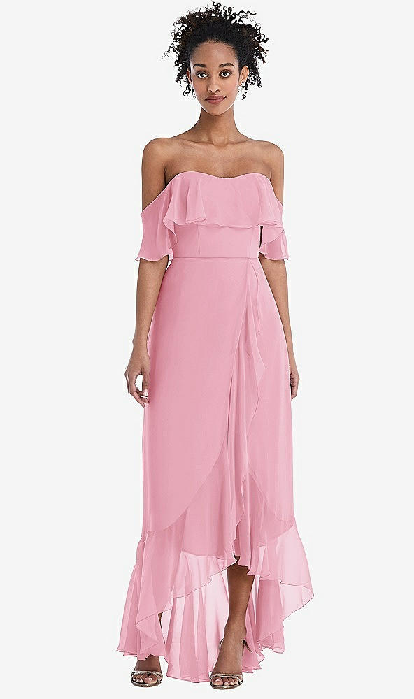 Front View - Peony Pink Off-the-Shoulder Ruffled High Low Maxi Dress