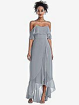 Front View Thumbnail - Platinum Off-the-Shoulder Ruffled High Low Maxi Dress