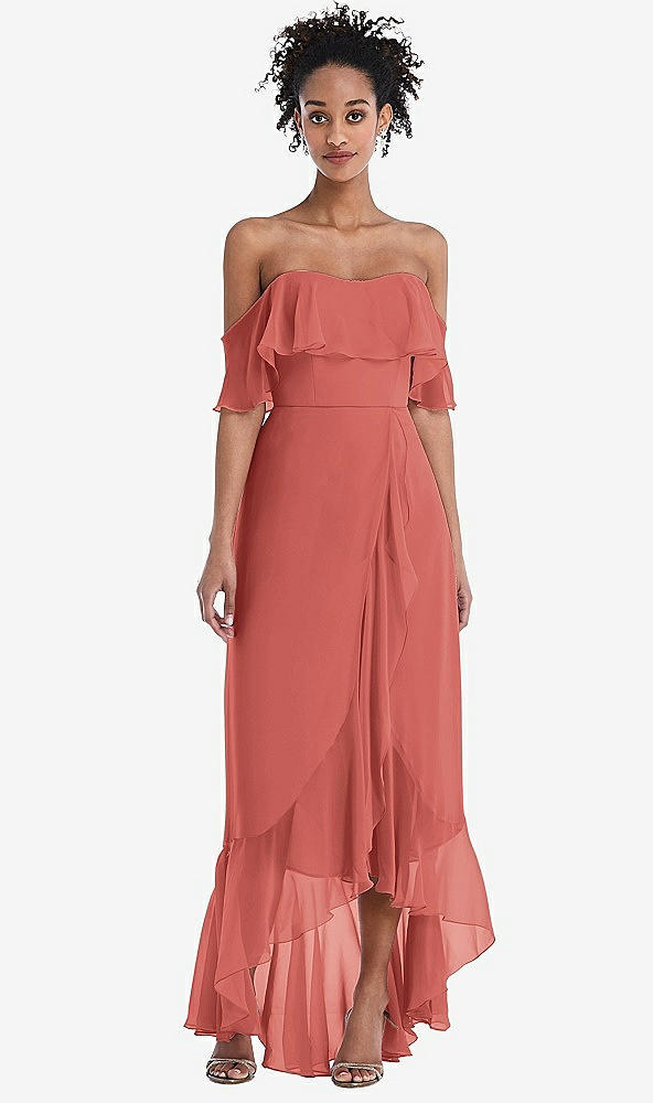 Front View - Coral Pink Off-the-Shoulder Ruffled High Low Maxi Dress