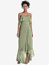 Front View Thumbnail - Sage Off-the-Shoulder Ruffled High Low Maxi Dress