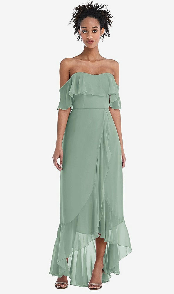Front View - Seagrass Off-the-Shoulder Ruffled High Low Maxi Dress