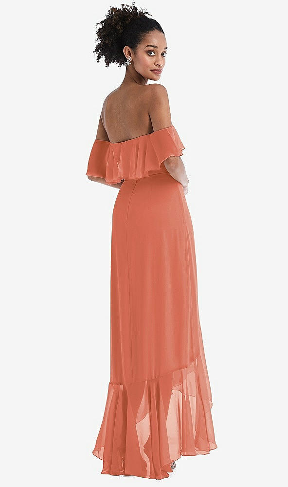 Back View - Terracotta Copper Off-the-Shoulder Ruffled High Low Maxi Dress